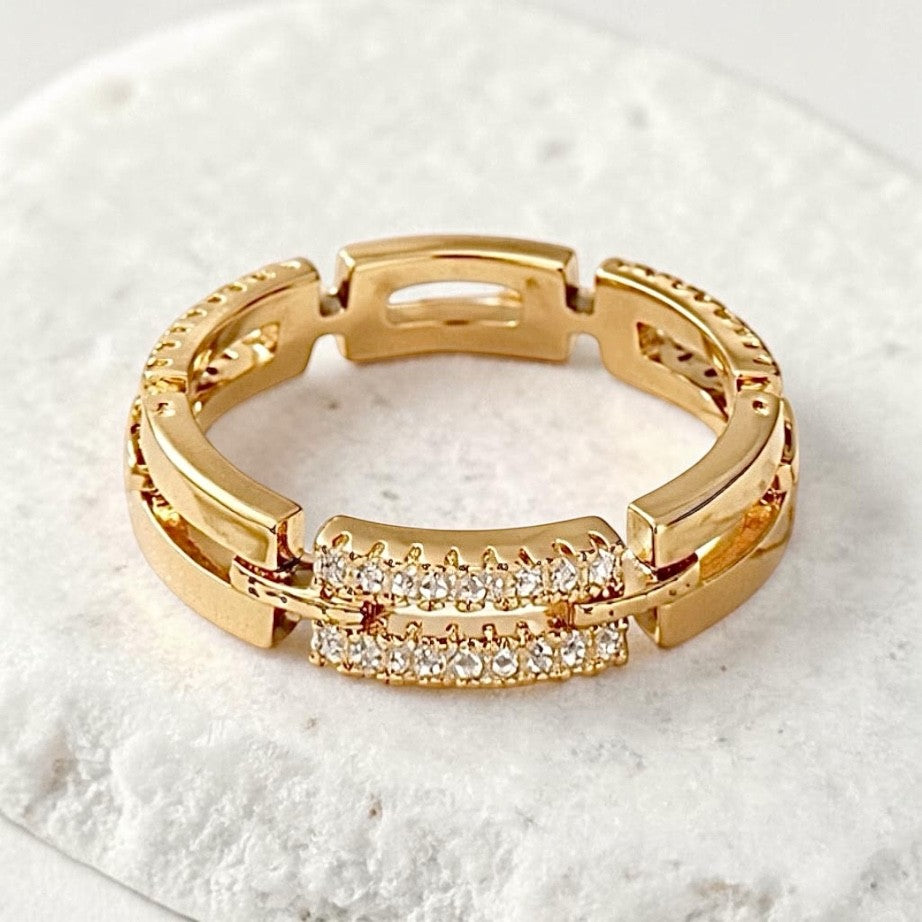 Bague Lady en plaqué or et oxydes de zirconium - Maille rectangle -  Bijoux MOONSTRA